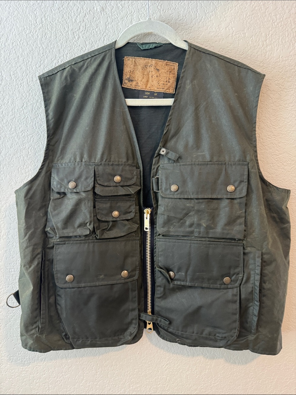 Men's waxed Lewis Creek Green Field Utility Vest Multiple Front Pockets